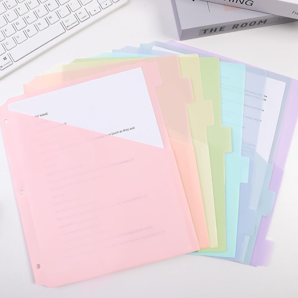 Tab Divider A4 - A4パステルバインダーディバイダー8枚、3リングバインダー、8タブディバイダー、プラスチックファイルフォルダー、シングルポケットファイルオーガナイザー、学校用
