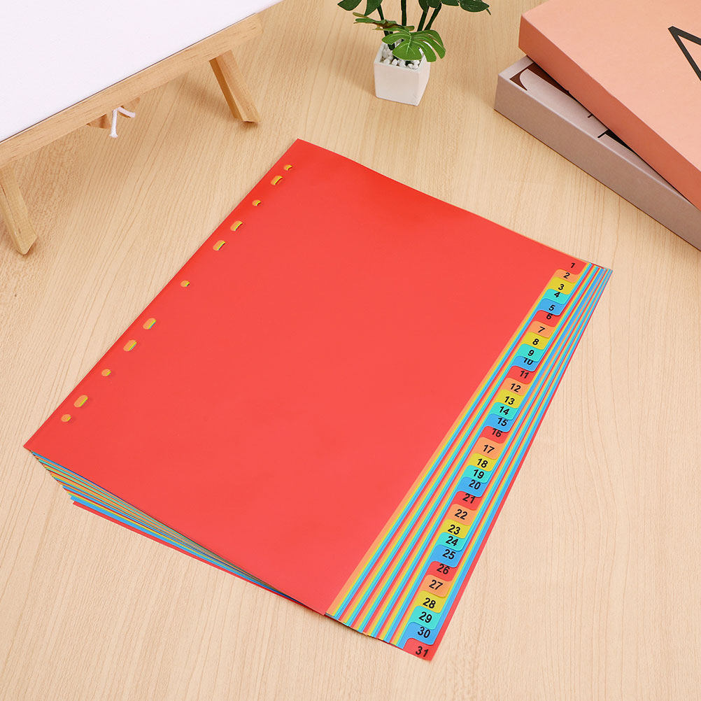 Tab Divider A4 - A4サイズのインデックス仕切り2セット。プラスチック製で、31段階の番号が付いたタブが11穴で配置されており、バインダーに対応。カラフルなファイル整理用で、書類の整理に役立ちます。